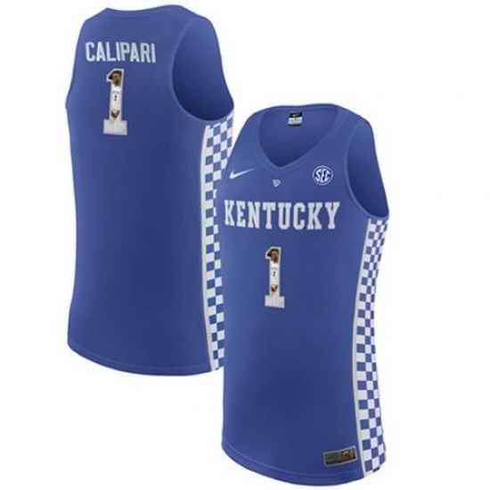Kentucky Wildcats 1 Coach John Calipari Royal Blue With Portrait Print College Basketball Jersey